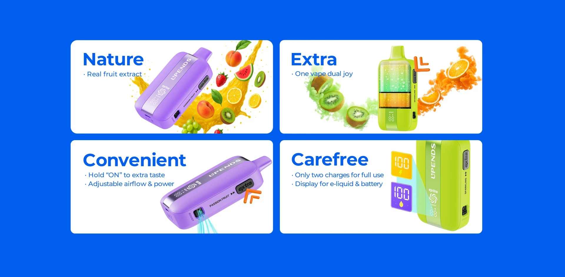 Natürliche Extrakte, Dual Taste, Display für Liquid & Batterie, einstellbarer Luftstrom/Power