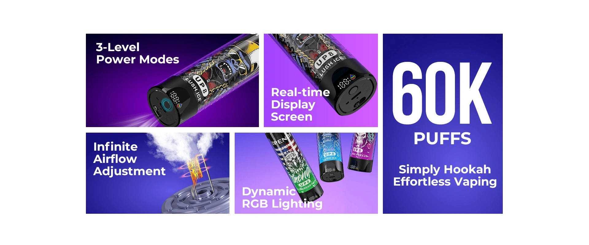 60.000 Züge, 3 Leistungsstufen, stufenlose Airflow, Display, dynamische RGB-Beleuchtung