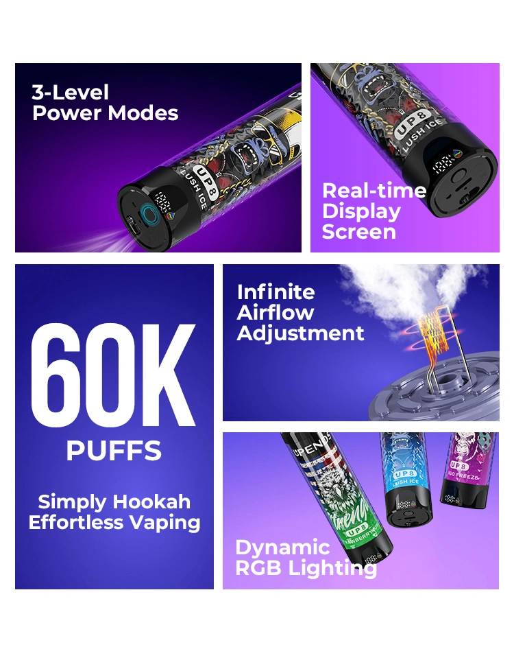 60.000 puffs, 3 vermogensniveaus, traploze airflow, display en dynamische RGB-verlichting