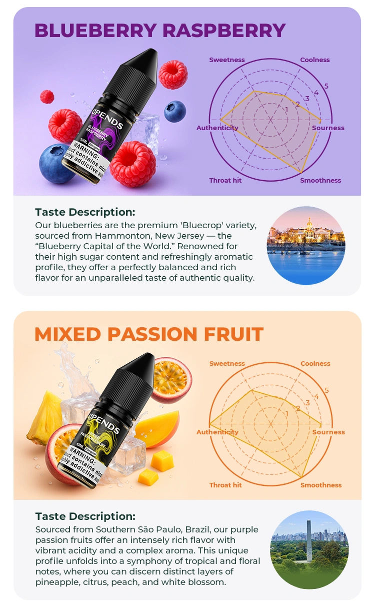 Blueberry Raspberry – Bluecrop-Beeren aus New Jersey, süß, aromatisch, ausgewogen, Mixed Passion Fruit – Brasilianische Maracuja, reich, tropisch, komplexe Aromen