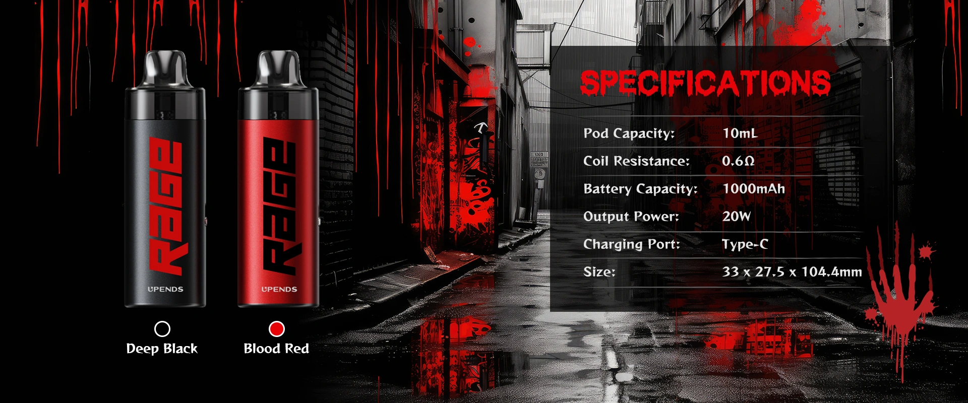 Specs: Pod 10ml, Coil 0.6Ω, Akku 1000mAh, 20W, Type-C, 33x27.5x104.4mm