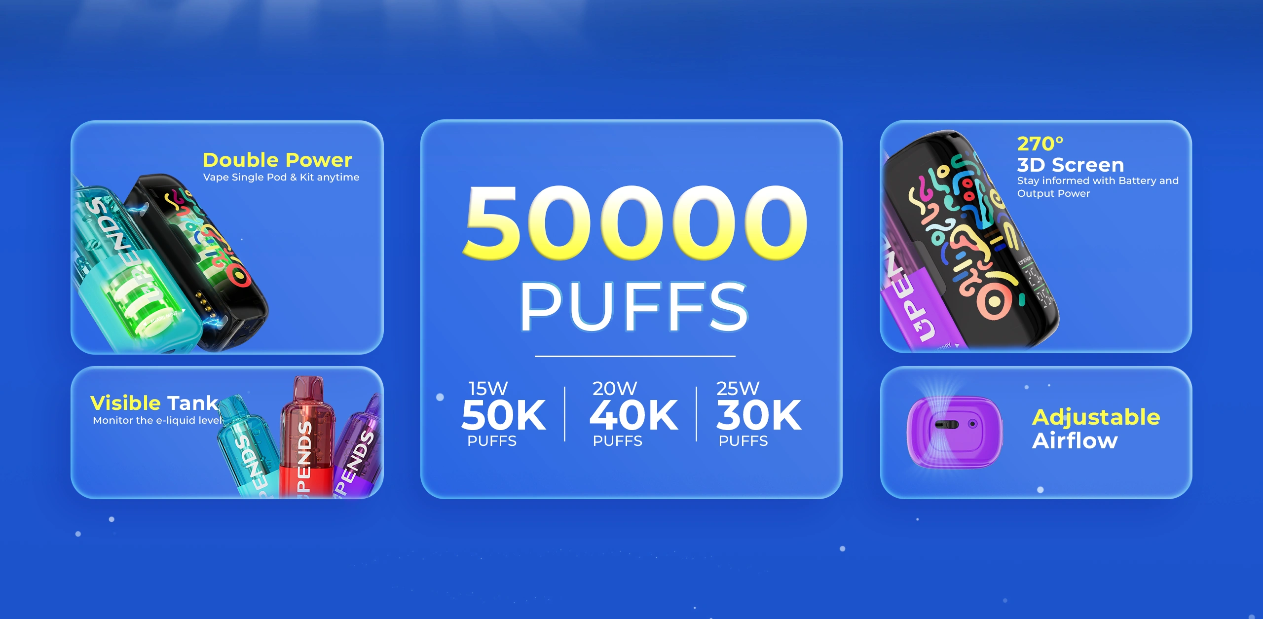 50.000 Züge; 15W – 50.000 Züge, 20W – 40.000 Züge, 25W – 30.000 Züge; Doppelte Power, Pod & Kit jederzeit nutzbar; Sichtbarer Tank zur Überwachung des E-Liquid-Standes; 270° 3D-Display mit Akku- und Leistungsanzeige; Einstellbarer Luftstrom