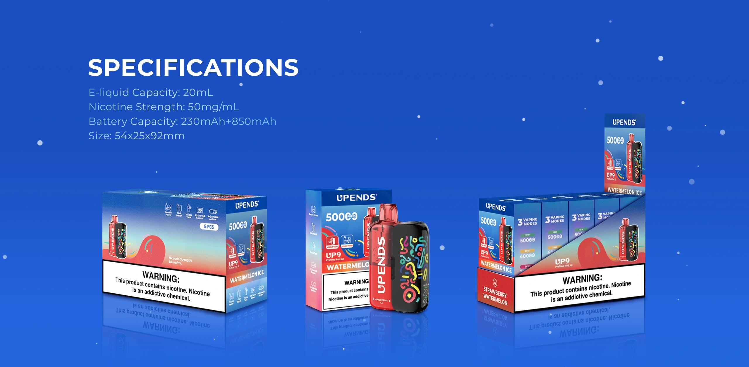 Spezifikationen: E-Liquid-Kapazität 20 ml; Nikotinstärke 50 mg/ml; Akkukapazität 230 mAh + 850 mAh; Größe 54×25×92 mm