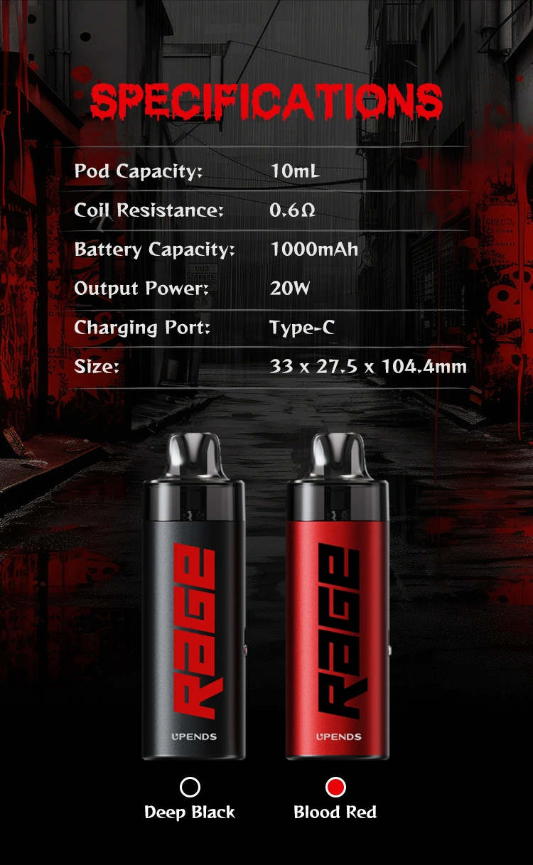 Specs: Pod 10ml, Coil 0.6Ω, Akku 1000mAh, 20W, Type-C, 33x27.5x104.4mm